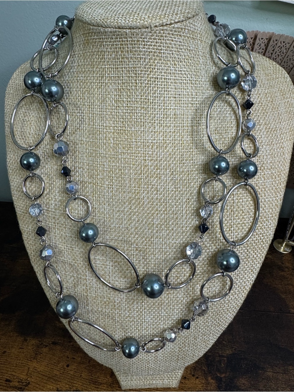 Lia Sophia Retired ALPINE Necklace Grey Pearl Beads Crystals - Silver Tone